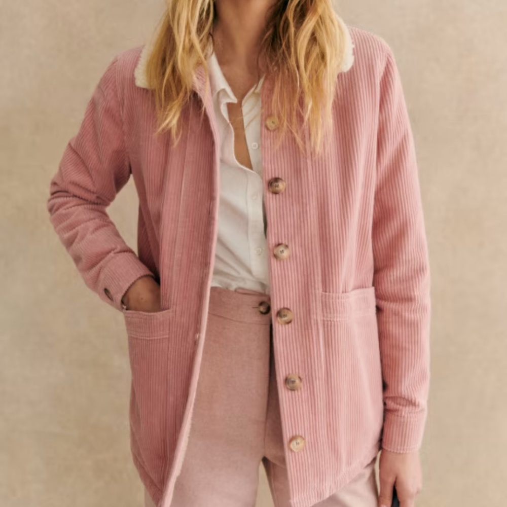 Sézane pink jacket, faux sheepskin collar, Size S